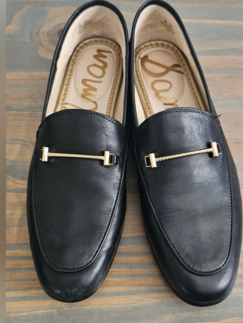 Sam Edelman Lior Black Leather Loafers with Gold Bit Detail